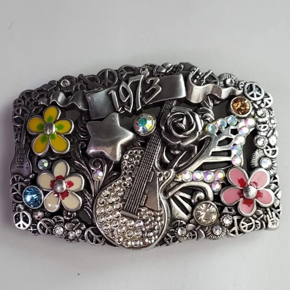 Vintage 1973 Belt Buckle Silver Tone Guitar Flowers Peace Signs Rhinestones Boho